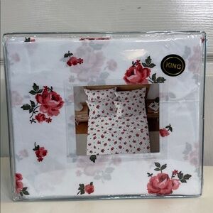 New king size 4PCS floral sheet set deep pocket Rose pattern Red white